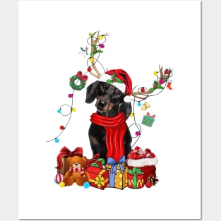 Black Dachshund Reindeer Santa Christmas Color Lights Posters and Art